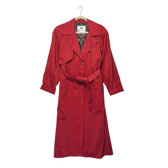 London Fog Jackets & Blazers - London Fog Long Belted Trench Coat Vintage Women's Sz 8 Red 80s Outdoors Vibrant